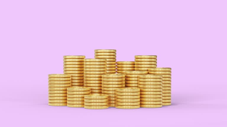 3d Stop motion Animation Cartoon Gold Coins on stack on white background.