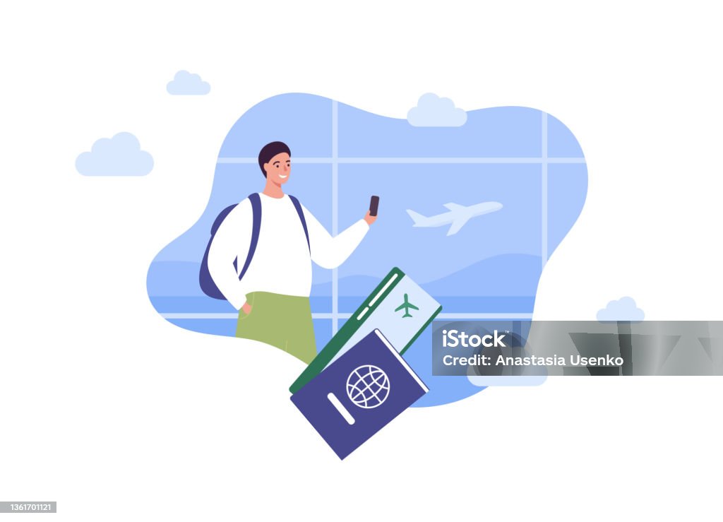 Tourism and airplane travel concept. Vector flat people illustration. Man tourist hold smartphone in hand. Passport and ticket symbol on airport window with plane background. Travel Destinations stock vector