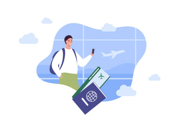 Tourism and airplane travel concept. Vector flat people illustration. Man tourist hold smartphone in hand. Passport and ticket symbol on airport window with plane background. vector art illustration