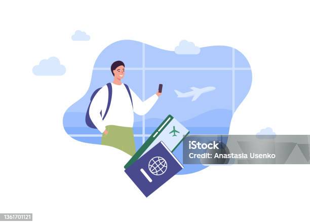 Tourism And Airplane Travel Concept Vector Flat People Illustration Man Tourist Hold Smartphone In Hand Passport And Ticket Symbol On Airport Window With Plane Background Stock Illustration - Download Image Now