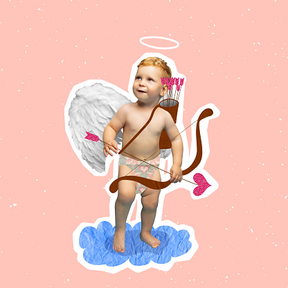 Contemporary art collage of little boy, child in character of Cupid spreading love on Valentine's day isolated over pink background. Happy St. Valentine's Day. Concept of holiday, childhood, love, ad
