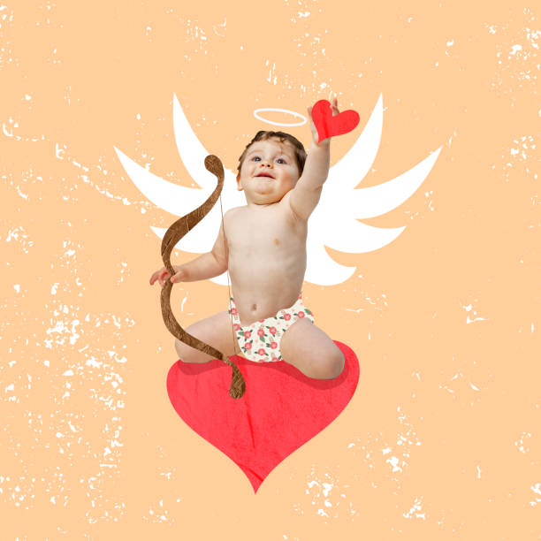 collage di arte contemporanea. ragazzino, bambino nel personaggio di cupido che invia frecce d'amore isolate su sfondo di pesca - humor inspiration angel child foto e immagini stock