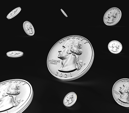 Us Liberty coins with waving. 3d rendering illustration.