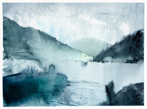 view of fjord in Norway at summer dusk hand drawn by watercolors on white textured paper