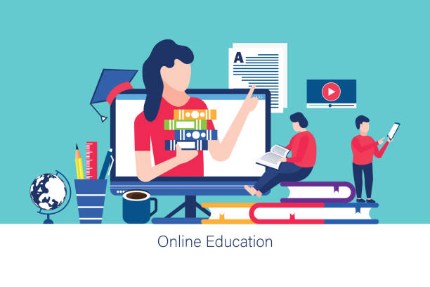 Online education concept, screen with teacher, books and pencils. Small people characters India, Computer, Education, E-Learning, Internet, Book ,Reading, Web Conference ,Teacher india train stock illustrations