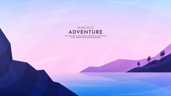 Vector illustration. Minimalist polygonal design. Nature landscape background. Panoramic view. Design element for web banner, website template. Cartoon flat style. Hills by the water. Evening scene