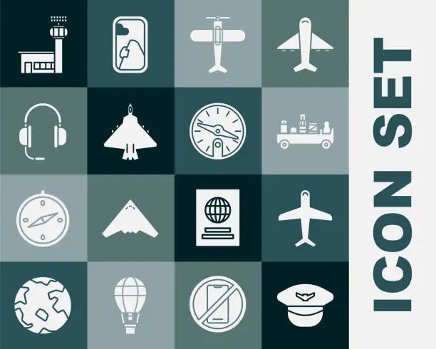 Vector illustration of Set Pilot hat, Plane, Airport luggage towing truck, Jet fighter, Headphones with microphone, control tower and Compass icon. Vector