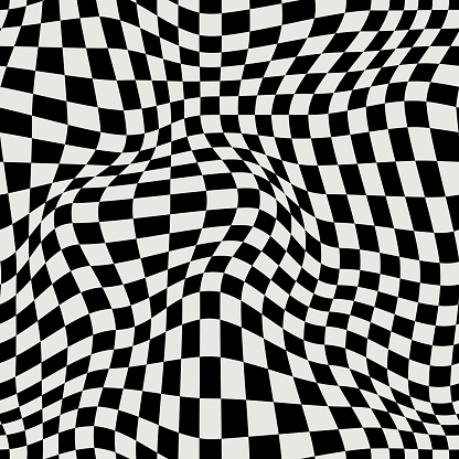 Warped chessboard pattern in web blue. Vector seamless pattern.