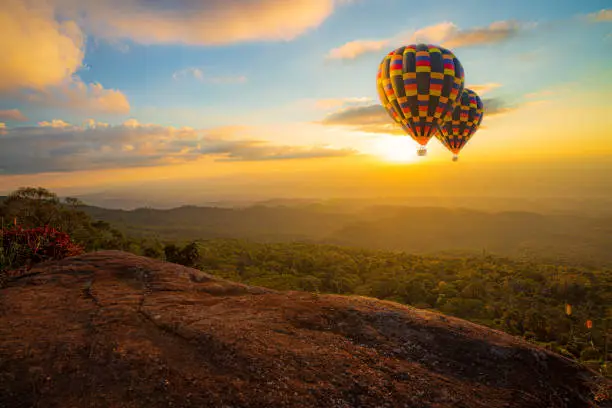 Photo of mountains and sky with balloons,Hot air balloons with landscape mountain