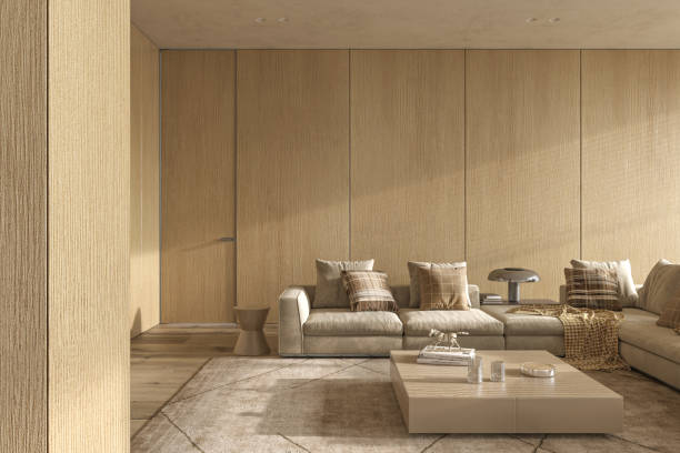 istock Luxury modern interior design livingroom. Lighting and sunny apartment. 3d render illustration. 1361710179
