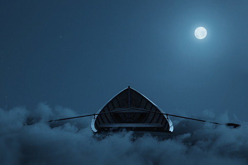 3d rendering of abandoned wooden boat over fluffy night clouds. Illuminated from moonlight