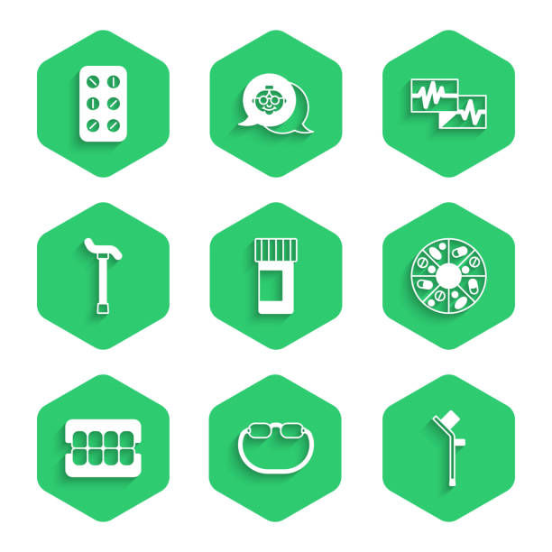 Set Medicine bottle and pills, Eyeglasses, Crutch or crutches, Vitamin, False jaw, Walking stick cane, Monitor with cardiogram and Pills blister pack icon. Vector Set Medicine bottle and pills Eyeglasses Crutch or crutches Vitamin False jaw Walking stick cane Monitor with cardiogram and Pills blister pack icon. Vector. dental and vision care stock illustrations