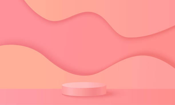 istock Minimal 3d scene display podium stand vector illustration. Bright coral pink color studio round cylinder platform with waves on background. Product showcase mockup realistic 3d design decoration. 1361713045