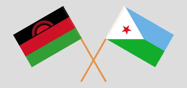 Vector illustration of Crossed flags of Malawi and Djibouti. Official colors. Correct proportion