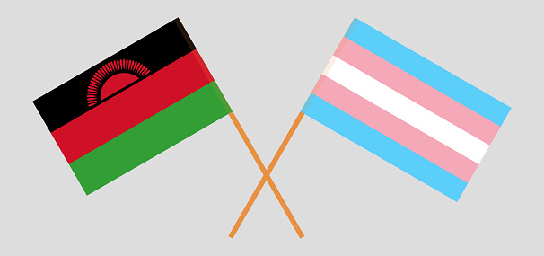 Crossed flags of Malawi and transgender pride. Official colors. Correct proportion. Vector illustration