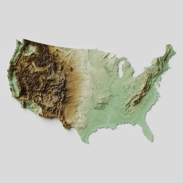 3D render of a topographic map of the contiguous United States of America. All source data is in the public domain. SRTM data courtesy of the U.S. Geological Survey (https://search.earthdata.nasa.gov/search/granules?p=C1000000240-LPDAAC_ECS&pg[0][v]=f&pg[0][gsk]=-start_date&q=srtm%201%20arc&tl=1640787673!3!!&m=11.7421875!-80.859375!2!1!0!0%2C2). Map rendered using QGIS and Blender software.