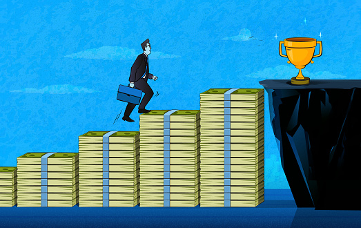 The businessman climbing money steps is reaching the trophy. (Used clipping mask)