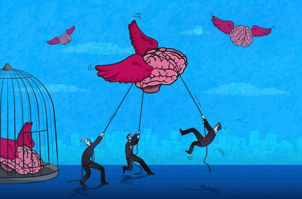 Freedom of Thought Men trying to catch brains that flying with wings. (Used clipping mask) unconventional wisdom stock illustrations