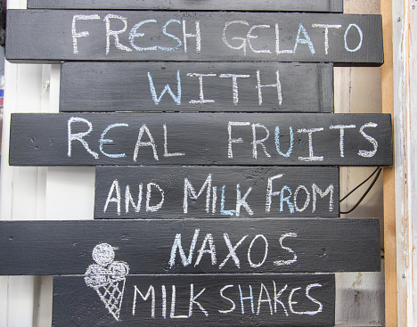 Fresh Gelato with Milk from Naxos in Firá on Santorini Caldera, Greece