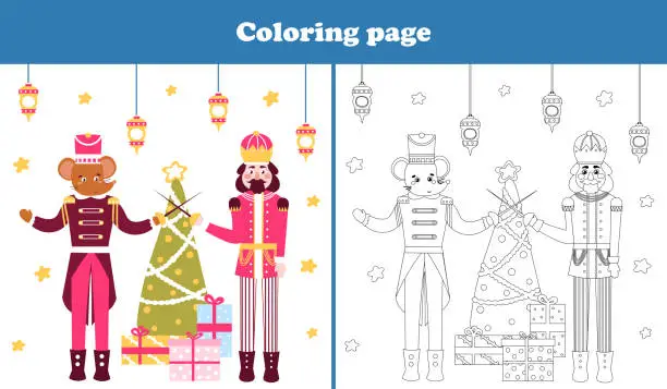 Vector illustration of Christmas coloring page with cute nutcracker character and mouse king fighting in cartoon style, printable worksheet