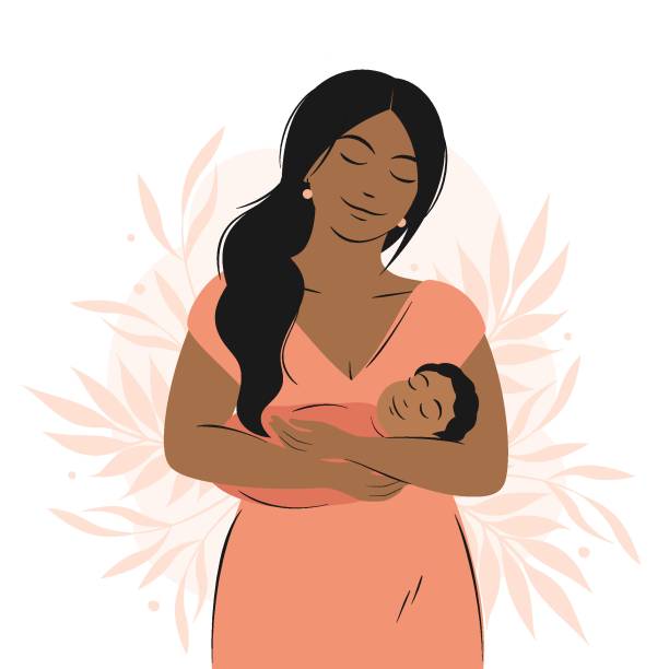 Breastfeeding 008 Dark skinned woman is holding newborn baby. Maternity and Breastfeeding concept. Happy Mother's Day. Vector illustration. pregnant clipart stock illustrations