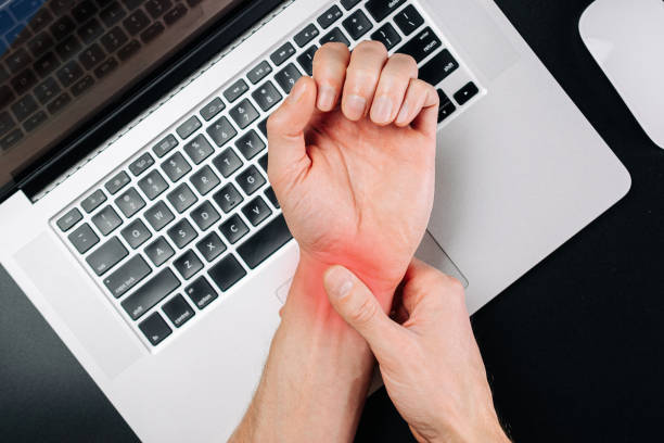 istock Man carpal tunnel. Arthritis office syndrome is consequence of computer. Hand pain in man injury wrist. Health care and medical concept. 1361721821