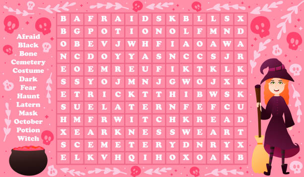 Word search puzzle for kids with cute witch character and cauldroun with potion on pink background, colourful game Word search puzzle for kids with cute witch character and cauldroun with potion on pink background, game for kids, printable worksheet for halloween activity, educational pastime, learning english word game stock illustrations