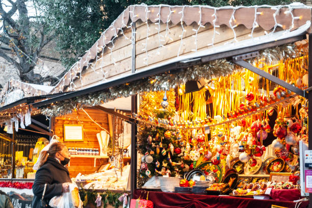 Christmas market, chalet with Christmas decorations stock photo