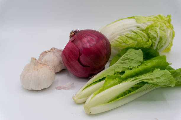 Scenic photography of a combination of vegetables. Round cabbages, fresh chard, dark red onions, pink garlic, an ensemble of healthy vegetable foods. Scenic photography of a combination of vegetables. Round cabbages, fresh chard, dark red onions, pink garlic, an ensemble of healthy vegetable foods. cabbage coral photos stock pictures, royalty-free photos & images