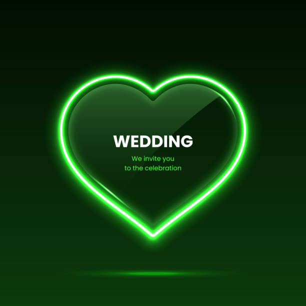 결혼식이나 발렌타인 데이네온 조명이 있는 하트 - wedding vector illuminated square stock illustrations