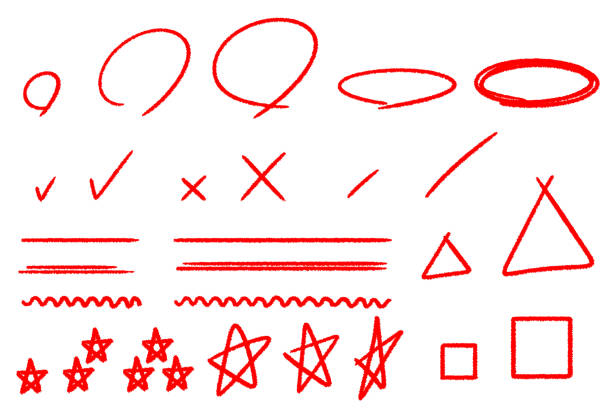 ilustraciones, imágenes clip art, dibujos animados e iconos de stock de juego de marcadores de crayón rojo. juego de rotuladores de lápiz rojo. - underline