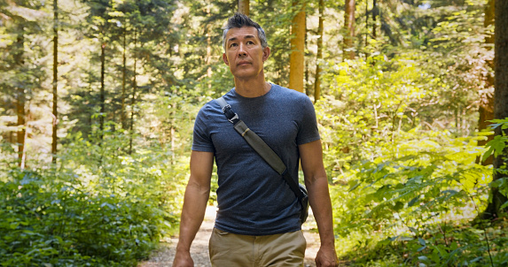 Mature man hiking in the forest on a sunny day.