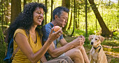 Couple eating lunch in the forest with their dog