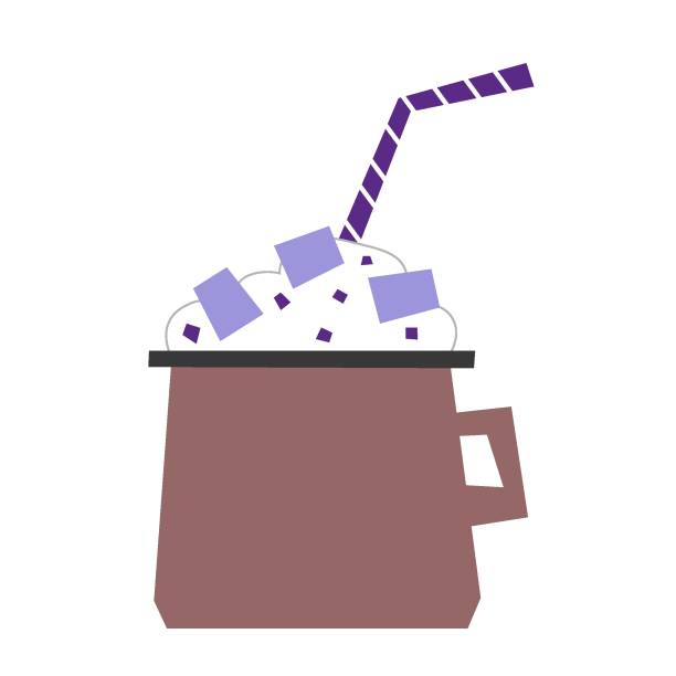 stockillustraties, clipart, cartoons en iconen met vector isolated flat illustration with hot cocoa cup with whipped cream topping. christmas drink in mug is decorated by marshmallow and straw. - hot chocolate purple