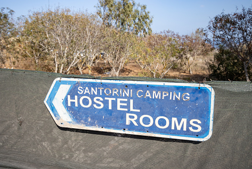 Sign to Firá Camping & Hostel Rooms on Santorini in South Aegean Islands, Greece