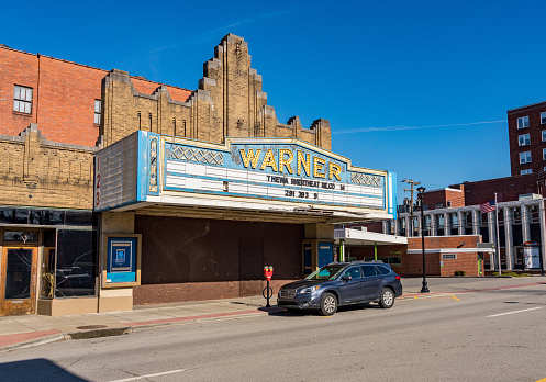 Morgantown, WV - 9 March 2020: Exterior of famous 1931 Warner Bros cinema ready for restoration in downtown Morgantown
