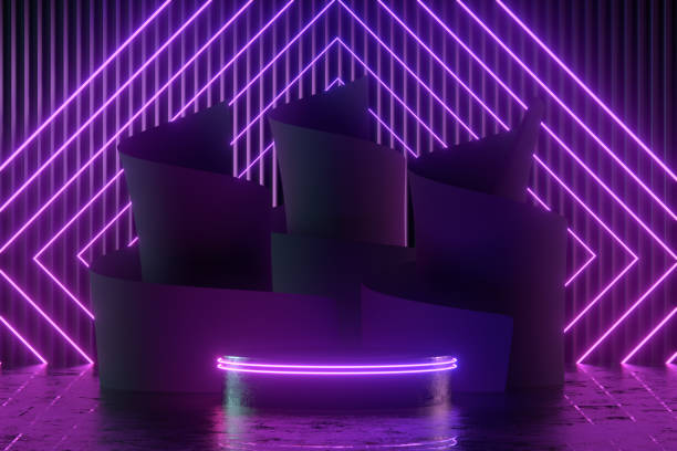istock Podium, empty product display stand, platform with curled paper in neon lighting dark room 1361742856