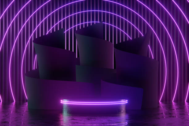 istock Podium, empty product display stand, platform with curled paper in neon lighting dark room 1361743107