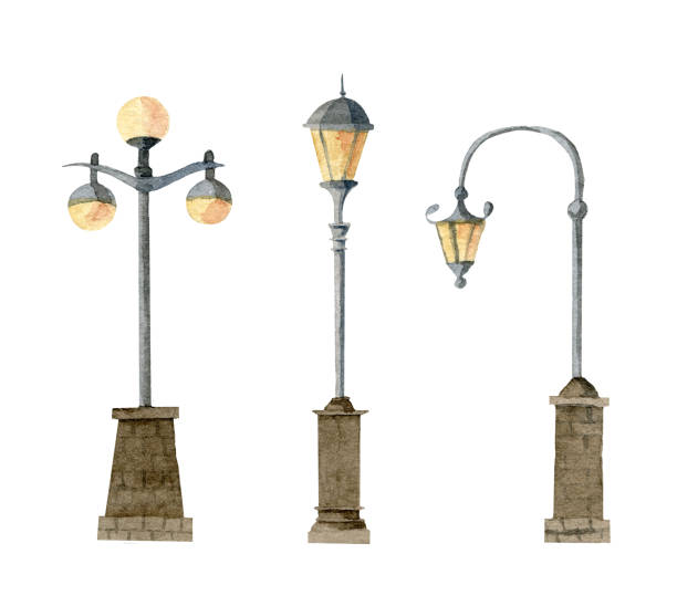 Watercolor street lamps set Street Lamps set. Hand painted illustration of Streetlights. Collection of retro Lampposts on white isolated background watercolor lantern set stock illustrations