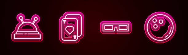 istock Set line Needle bed and needles, Playing cards, Cinema glasses and Bowling ball. Glowing neon icon. Vector 1361744721