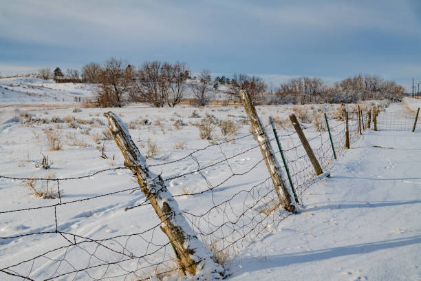 istock Old leaning ranch fence posts on snowy Montana road 1361745225