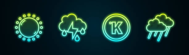 istock Set line Sun, Cloud with rain and lightning, Kelvin and . Glowing neon icon. Vector 1361745255