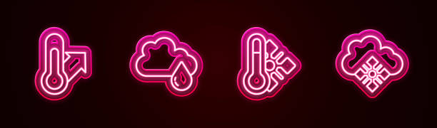 istock Set line Meteorology thermometer, Cloud with rain, and snow. Glowing neon icon. Vector 1361745262