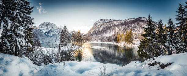 Predil lake in Alps on winter day