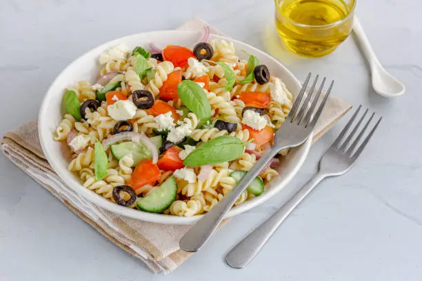 Fusilli Pasta Salad with Basil, Tomato and Olive
