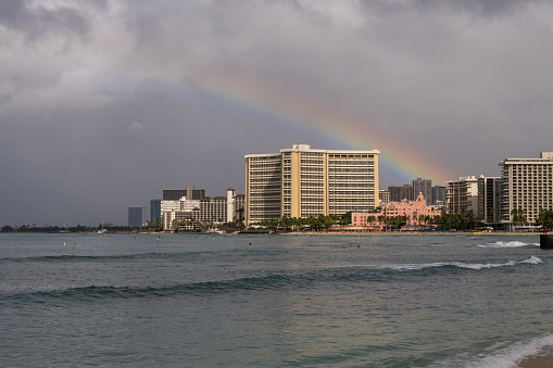 A rainbow over Waikiki beach.