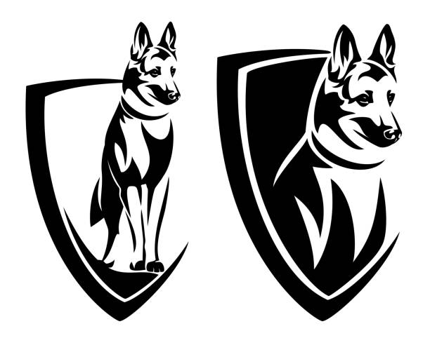ilustrações, clipart, desenhos animados e ícones de alemão cão guarda pastor em simples escudo herálmico preto e branco vetor emblema - cão pastor alemão