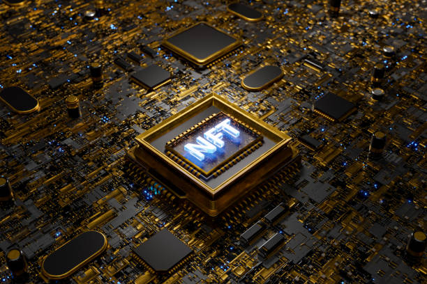istock NFT sign on a microchip on a golden electronic board 1361755007