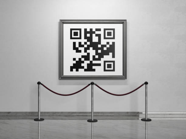 concept of digital art and NFTs in a museum QR code in a museum painting with velvet barriers in front. digital art concept, NFT, technology and future. 3d rendering. non fungible token stock pictures, royalty-free photos & images