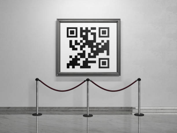 concept of digital art and NFTs in a museum QR code in a museum painting with velvet barriers in front. digital art concept, NFT, technology and future. 3d rendering. 3d barcode stock pictures, royalty-free photos & images